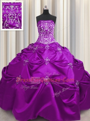Taffeta Strapless Sleeveless Lace Up Beading and Appliques and Embroidery 15th Birthday Dress in Eggplant Purple