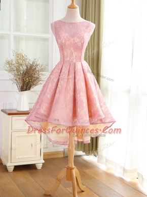 Bateau Sleeveless Backless Pink Lace