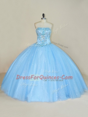 Glorious Sleeveless Tulle Floor Length Lace Up Sweet 16 Quinceanera Dress in Blue with Beading
