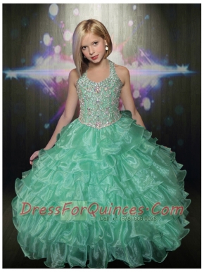 Beautiful Apple Green Halter Little Gril Pageant Dress with Beading
