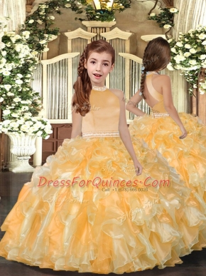 Stunning Gold Sleeveless Organza Backless Child Pageant Dress for Prom and Sweet 16 and Wedding Party