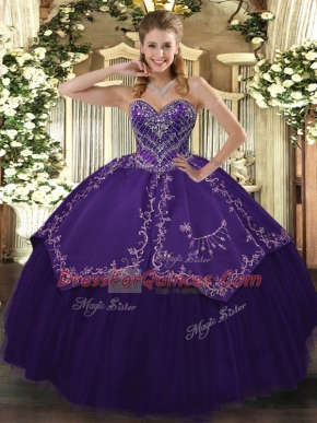 Floor Length Lace Up Quinceanera Gowns Purple for Prom and Military Ball and Sweet 16 and Quinceanera with Pattern