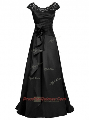 Black Scoop Zipper Beading and Appliques Prom Gown Cap Sleeves