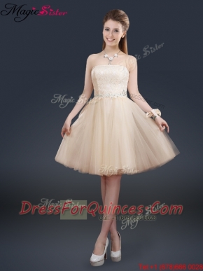2016 Fashionable Strapless Lace Champagne Prom Dresses