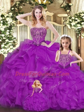 Purple Organza Lace Up Sweet 16 Dresses Sleeveless Floor Length Beading and Ruffles