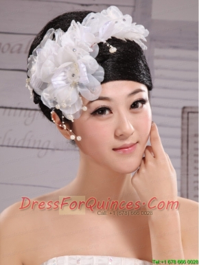 Headpiece White Pearls Large Flowers Embellishment