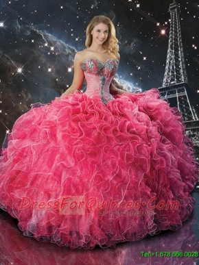 2016 Exquisite Coral Red Quinceanera Dresses with Beading and Ruffles