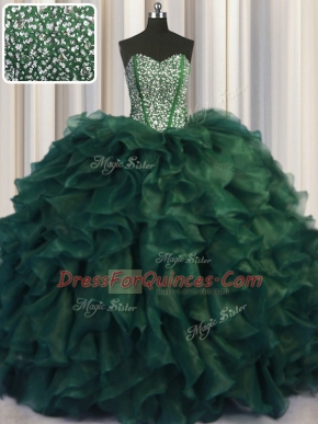 Fine Bling-bling Sweetheart Sleeveless Organza 15th Birthday Dress Beading and Ruffles Brush Train Lace Up
