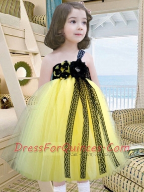 A-Line One Shoulder Yellow and Blue Tulle Hand Made Flowers Little Girl Dress for 2014