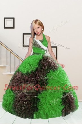 Apple Green and Chocolate Lace Up Halter Top Beading and Ruffles Pageant Gowns For Girls Fabric With Rolling Flowers Sleeveless