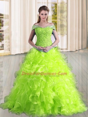 Cheap Sleeveless Organza Sweep Train Lace Up Sweet 16 Dresses in Yellow Green with Beading and Lace and Ruffles