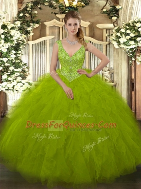 Custom Fit Sleeveless Tulle Floor Length Zipper 15th Birthday Dress in Olive Green with Beading and Ruffles