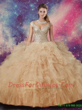 Exclusive V Neck Champagne Quinceanera Dresses with Ruffles for 2016