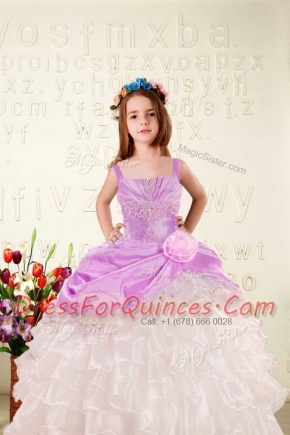 On Sale Floor Length Lace Up Child Pageant Dress Fuchsia for Military Ball and Sweet 16 and Quinceanera with Beading and Ruffled Layers and Hand Made Flower