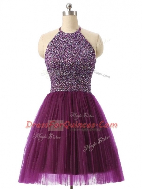 Dark Purple Sleeveless Mini Length Beading and Sequins Backless Evening Dress