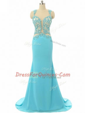 Custom Made Aqua Blue Chiffon Backless Prom Party Dress Sleeveless Brush Train Lace and Appliques