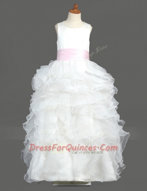 Scoop Ruffled White Sleeveless Organza Zipper Flower Girl Dress for Party and Wedding Party