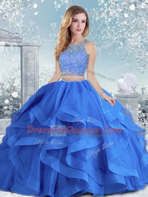 Wonderful Beading and Ruffles Quinceanera Dresses Royal Blue Clasp Handle Long Sleeves Floor Length