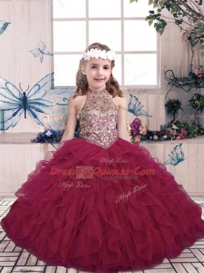 Customized Beading and Ruffles Little Girl Pageant Gowns Fuchsia Lace Up Sleeveless Floor Length