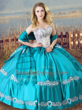 Ideal Aqua Blue Ball Gowns Beading and Embroidery Quinceanera Gown Lace Up Satin Sleeveless Floor Length