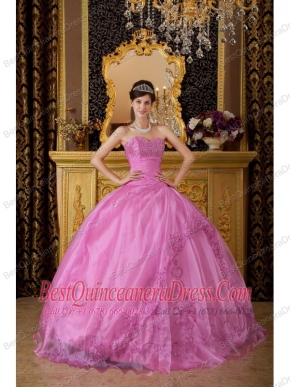 Rose Pink Ball Gown Sweetheart Floor-length Appliques Organza Quinceanera Dress