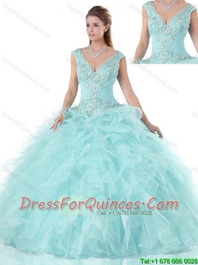 Popular Beading V Neck Quinceanera Gowns with Cap Sleeves