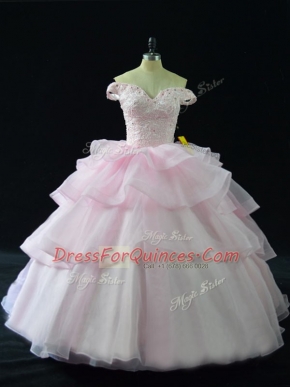 Sexy Organza Sleeveless Quince Ball Gowns Brush Train and Beading and Ruffled Layers