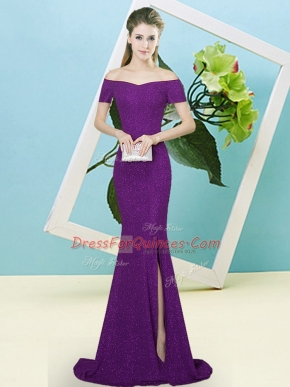 Customized Dark Purple Sequined Zipper Off The Shoulder Short Sleeves Homecoming Dress Sweep Train Sequins