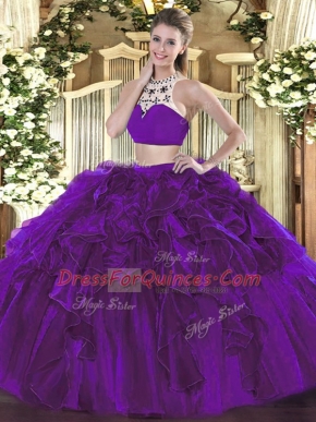 Sleeveless Floor Length Beading and Ruffles Backless Quince Ball Gowns with Eggplant Purple
