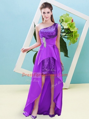 Trendy Eggplant Purple Sleeveless Elastic Woven Satin and Sequined Lace Up Prom Party Dress for Prom and Party