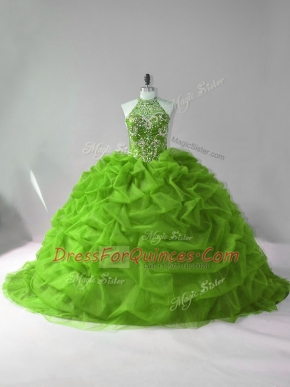 Inexpensive Ball Gowns Sleeveless Green 15th Birthday Dress Court Train Lace Up