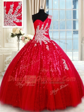 Red Quinceanera Gown Military Ball and Sweet 16 and Quinceanera and For with Beading and Appliques One Shoulder Sleeveless Lace Up
