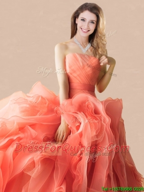 Exclusive Rolling Flowers Orange Red Quinceanera Dress with Brush Train