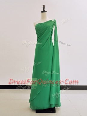 Romantic One Shoulder Long Sleeves Chiffon Floor Length Zipper Prom Dress in Green with Ruching