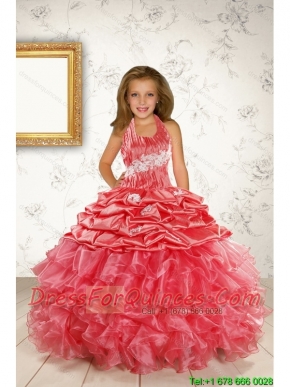 Exquisite Appliques and Ruffles Coral Red Flower Girl Dress for 2015 Spring