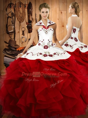 Sleeveless Lace Up Floor Length Embroidery and Ruffles Sweet 16 Dress