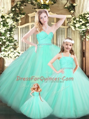 Comfortable Apple Green Sleeveless Floor Length Beading and Lace Lace Up Quinceanera Gown