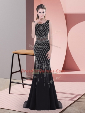 Scoop Sleeveless Homecoming Dress Floor Length Beading Black Chiffon