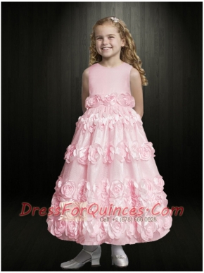 Pink A-Line Scoop 2014 Elegant Flower Girl Dress with Hand Made Flowers