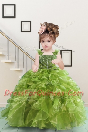 Sleeveless Organza Floor Length Lace Up Flower Girl Dress in Olive Green with Beading and Ruffles