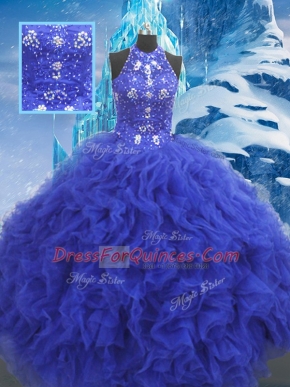 Captivating Blue Lace Up Quinceanera Dress Beading and Ruffles Sleeveless Floor Length