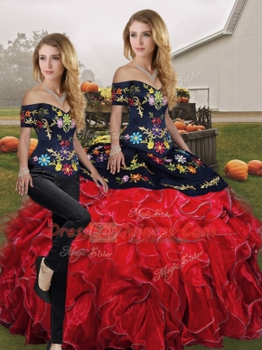 Off The Shoulder Sleeveless Organza Ball Gown Prom Dress Embroidery and Ruffles Lace Up