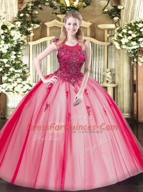 Hot Selling Floor Length Red Vestidos de Quinceanera Tulle Sleeveless Beading