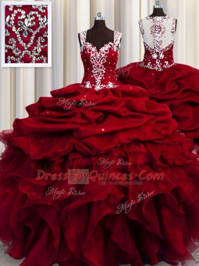 Sequins See Through Floor Length Wine Red 15 Quinceanera Dress Straps Sleeveless Zipper