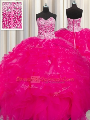 Visible Boning Beaded Bodice Hot Pink Sleeveless Beading and Ruffles Floor Length Quinceanera Gowns