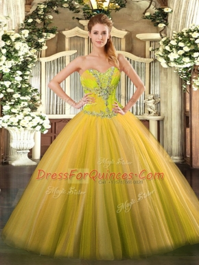 High End Gold Sleeveless Beading Floor Length Sweet 16 Quinceanera Dress