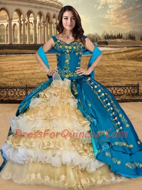 Perfect Off the Shoulder Sleeveless Appliques and Embroidery and Ruffled Layers Lace Up Quinceanera Dresses