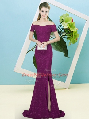 Sweet Sequins Prom Evening Gown Purple Zipper Short Sleeves Sweep Train