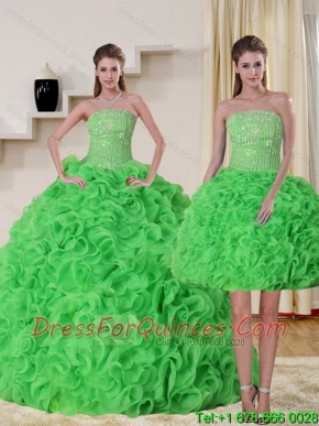 Classical Strapless Spring Green Quince Dress with Beading and Ruffles