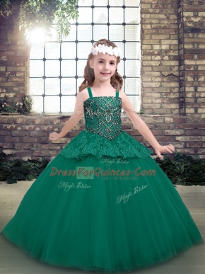 Charming Ball Gowns Little Girl Pageant Gowns Green Straps Tulle Sleeveless Floor Length Lace Up